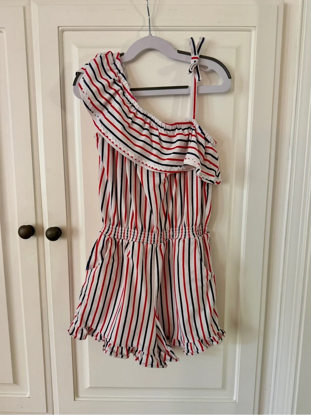 Janie & Jack Red White & Blue Striped Ruffle Romper, Size 8